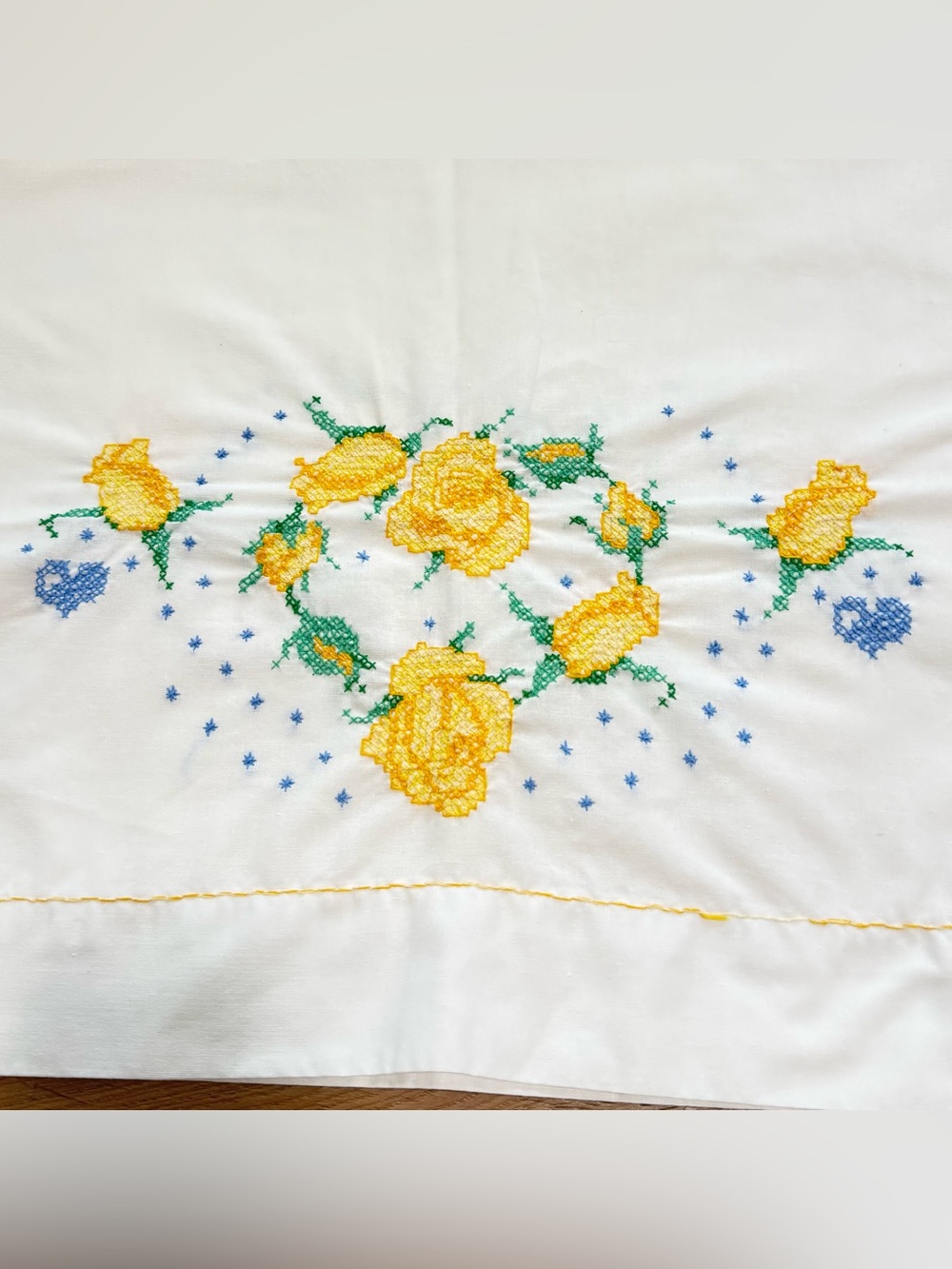 2 Vintage Cross Stitch Pillowcases Queen 31.5x19.5 Blue Hearts Floral Cottage
